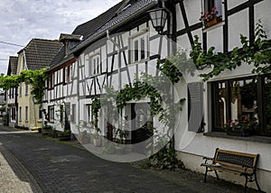 the grape vines grow along the half timbered houses in the town of erpel in germany