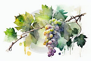 Grape vines on white paper background. Watercolour AI generative illustration.