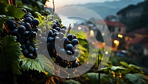 Grape vineyard in summer, ripe fruit, winery, sunset beauty generated by AI