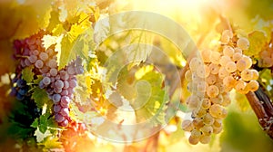 Grape - white and red grapes Riesling wine grape on vines, on grapevine in vineyard photo