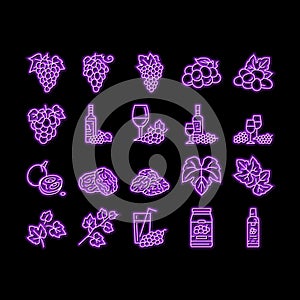 grape wine bunch fruit green neon glow icon illustration