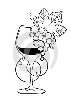 Grape wine with a glass. Freehand drawing. Line art on a white background. Black and white pictures in vintage engraving