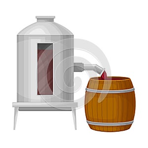 Grape Wine Pouring in Wooden Barrels for Storing in Cellar Vector Illustration
