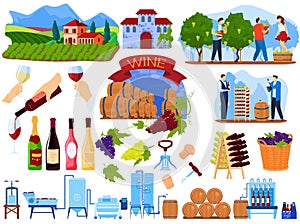 Grape wine product process in factory vector illustration set, cartoon flat winery, winemaking production collection