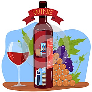 Grape wine product vector illustration, cartoon flat factory producting winemaking process concept with storage