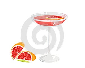 Grapefruit cocktail in a martini glass with a ruby-red slice of grapefruit.