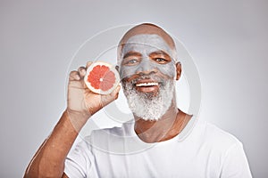 Grapefruit, face mask and portrait of man, healthy skincare and beauty, wellness and makeup of anti aging, detox or
