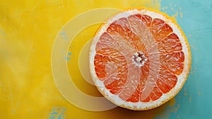 A grapefruit half isolated on a yellow and turquoise background. Sweet and tangy fruit. photo