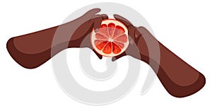 Grapefruit in hands. Ripe juicy fruit illustration. Bright cartoon flat clipart