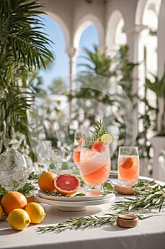 Grapefruit iced cocktail with rosemary and grapefruit juice. Summer refreshing beverage, drink, juice with ice, generative AI