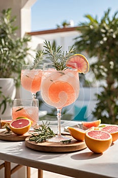 Grapefruit iced cocktail with rosemary and grapefruit juice. Summer refreshing beverage, drink, juice with ice, generative AI