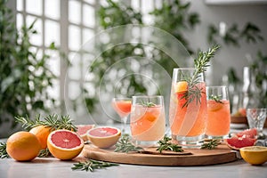 Grapefruit iced cocktail with rosemary and grapefruit juice. Summer refreshing beverage, drink, juice with ice, generative AI