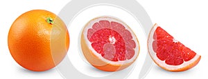 Grapefruit isolated set. Collection of ripe grapefruits, half fruit and a slice of grapefruit on a white.