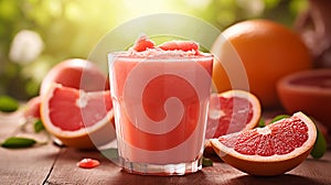 grapefruit juice and slices on a wooden table