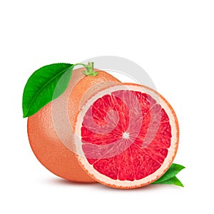 Grapefruit with leaf isolated on white background. With clipping path. Full depth of field.