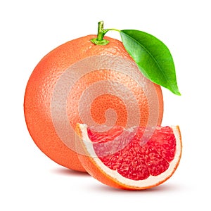 Grapefruit with leaf isolated on white background. With clipping path. Full depth of field.