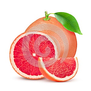 Grapefruit with leaf isolated on white background. With clipping path. Full depth of field.