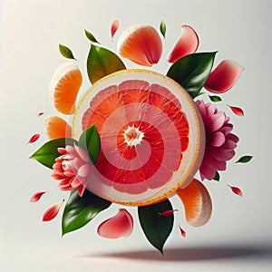 Grapefruit with leaves and flowers on a light background