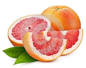 Grapefruit with leaves and slices on white background