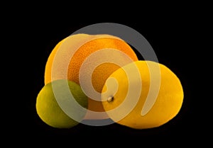 Grapefruit, lemon, lime isolated on black background.