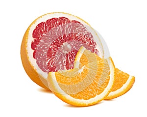 Grapefruit and orange slices isolated on white background photo