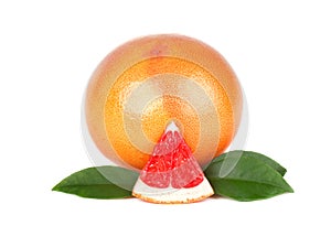 Grapefruit piece isolated on white background. Fresh fruit. With clipping path. Fresh grapefruit with green leaves