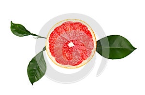 Grapefruit piece isolated on white background. Fresh fruit. With clipping path. Fresh grapefruit with green leaves