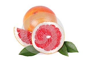 Grapefruit piece isolated on white background. Fresh fruit. With clipping path. Fresh grapefruit with green leaves