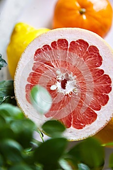 Grapefruit slice with juicy red flesh, closeup. Fresh ripe grapefruit citrus fruit and blurred houseplant green leaves