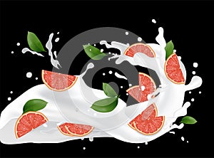 Grapefruit splash illustration. Splashing milk juice. Cocktail f