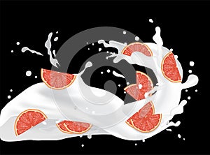 Grapefruit splash illustration. Splashing milk juice. Cocktail f
