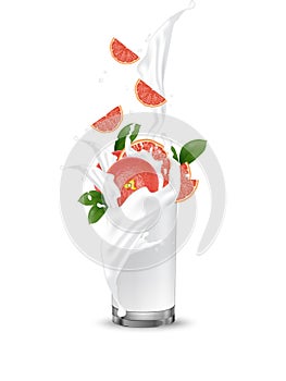 Grapefruit splash illustration. Splashing milk juice in glass. C