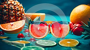 grapefruit sunglasses floating with tropical fruits in pull. summer concept