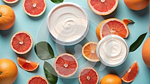 grapefruits background with cream lotion on container jar pot for skincare ad beauty product ai generated