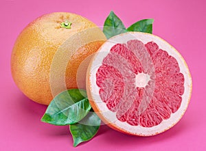 Grapefruits and grapefruit slices isolated on pink background