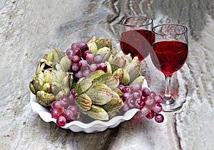 Grapes and Artichokes - Wine Glasses - still life