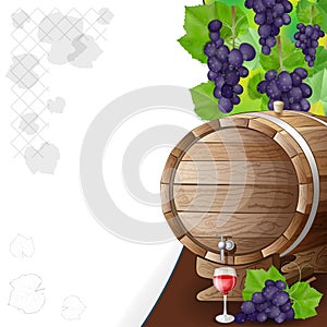 Grapes, barrels and glass of wine