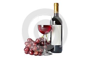 Grapes, bottle and glass with wine isolated on white