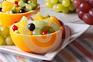 Grapes, currants, pears, kiwi in hollowed-out oranges