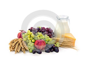 Grapes, dates, garnets, barley, wheat, milk and cheese on a white background with space of text