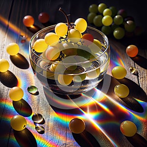 grapes in a glass vase on a wooden table with a bright rainbow, generative ai