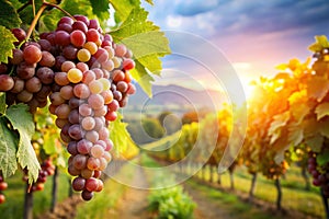 Grapes Grapevine Over Vineyard Background
