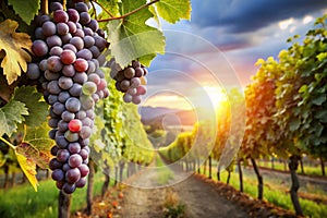 Grapes Grapevine Over Vineyard Background