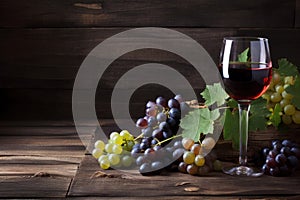 Grapes harvest with wineglass background. Generate ai