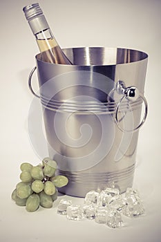 Grapes, ice bucket with bottle of Wine on a white background