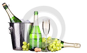 Grapes, ice bucket with champagne isolated