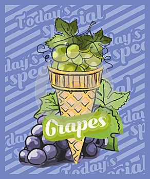 Grapes ice cream scoop in cones. Vector sketch illustration. Fruit ice cream idea, concept