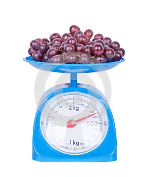 Grapes on kitchen scale isolated on white background