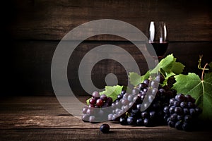 Grapes with leaves on wooden background. Generate ai