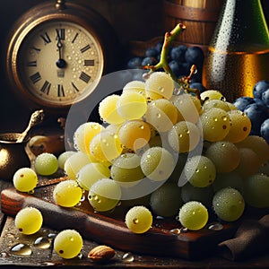 Grapes and old clock on the table, The character is fictional